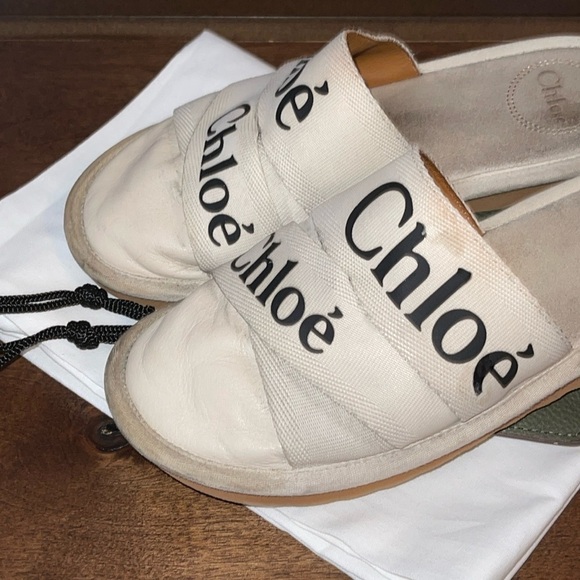 CHLOE WOODY LOGOED CANVAS & LEATHER WHITE MULE SLIPPERS Sz. 38/ US 8 - Picture 12 of 17